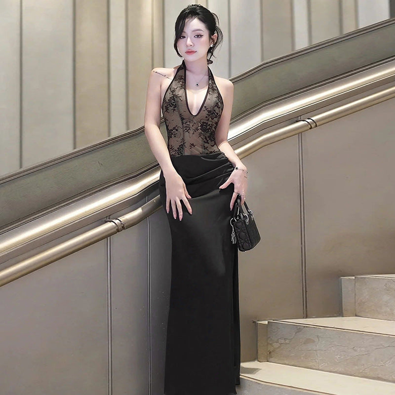 European and American temperament slim and sexy v-neck lace splicing dress