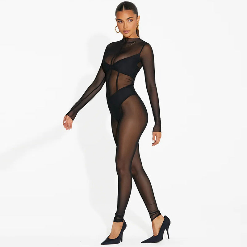 Long-sleeved mesh trousers ins new women's sexy see-through jumpsuit