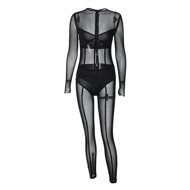 Long-sleeved mesh trousers ins new women's sexy see-through jumpsuit
