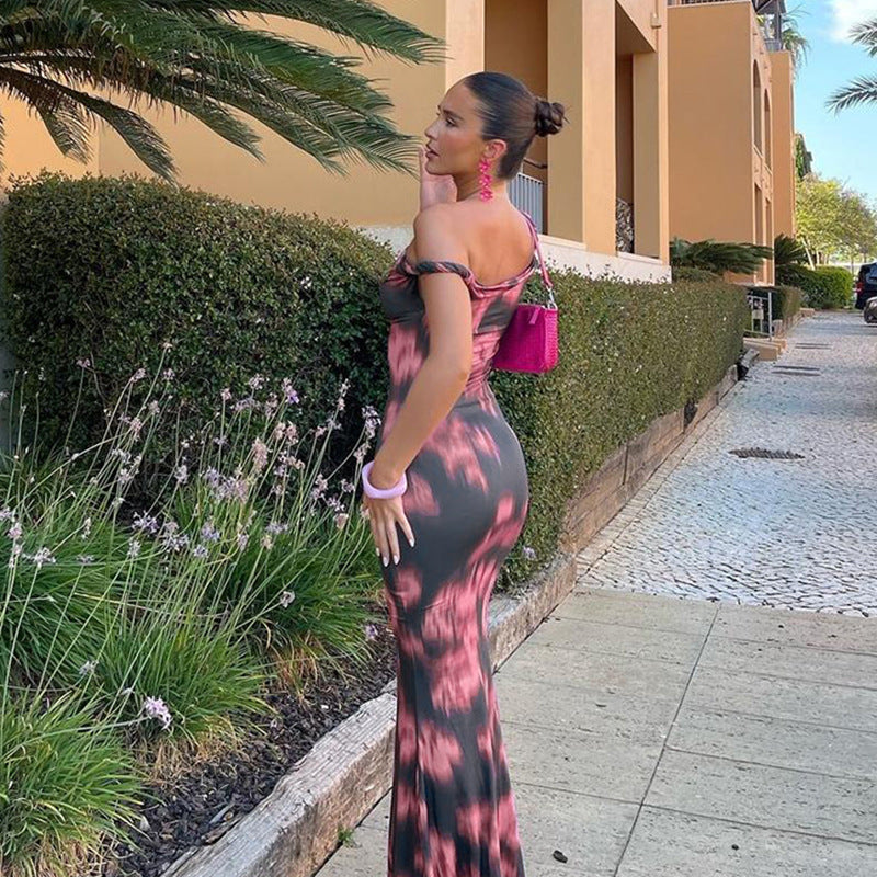 Fashion temperament Slim print kink slanted shoulder temperament Fishtail dress women