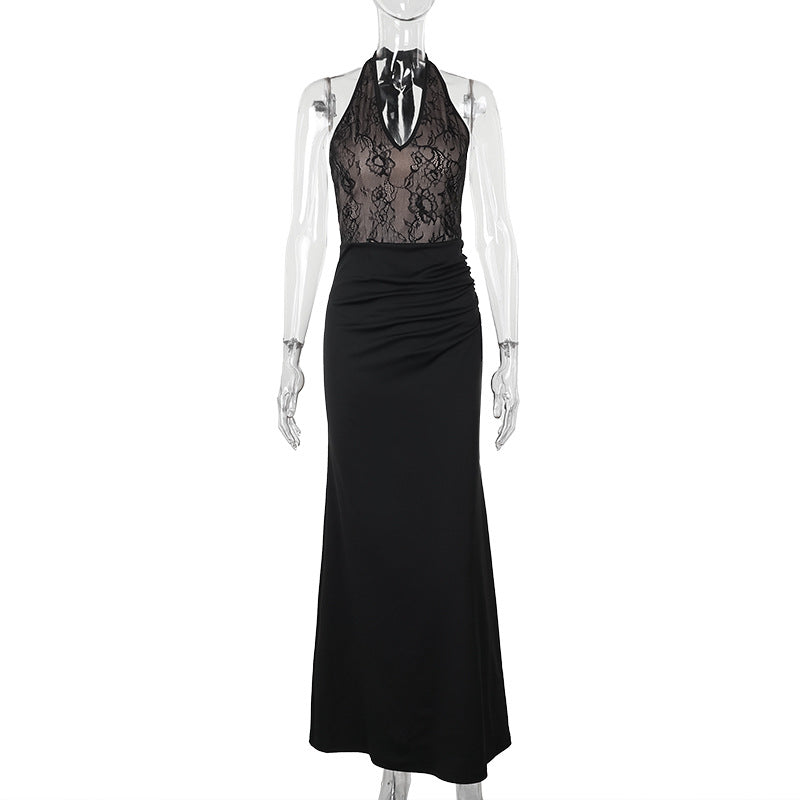 European and American temperament slim and sexy v-neck lace splicing dress