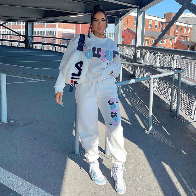 Casual Versatile Alphabet English Printed Sweater Sweatpants Suit Women