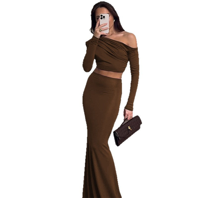 Off - Shoulder Brown Two - Piece Set: Elegant Simplicity