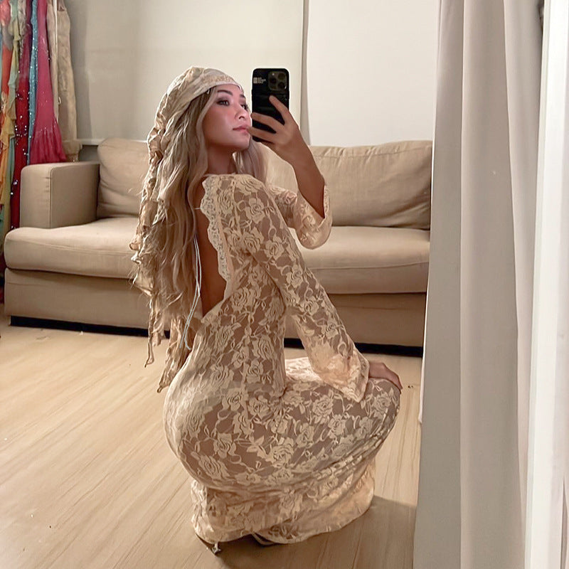 Summer new lace perspective U-neck lace decorative straps wear long-sleeved dress on both sides