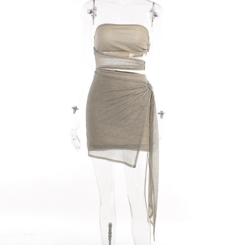 Tube top hollow fine flash streamer dress female hottie sexy dress short skirt