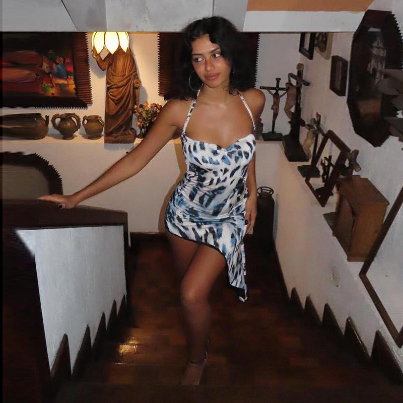 Spice girl sexy irregular leopard print neck dress woman