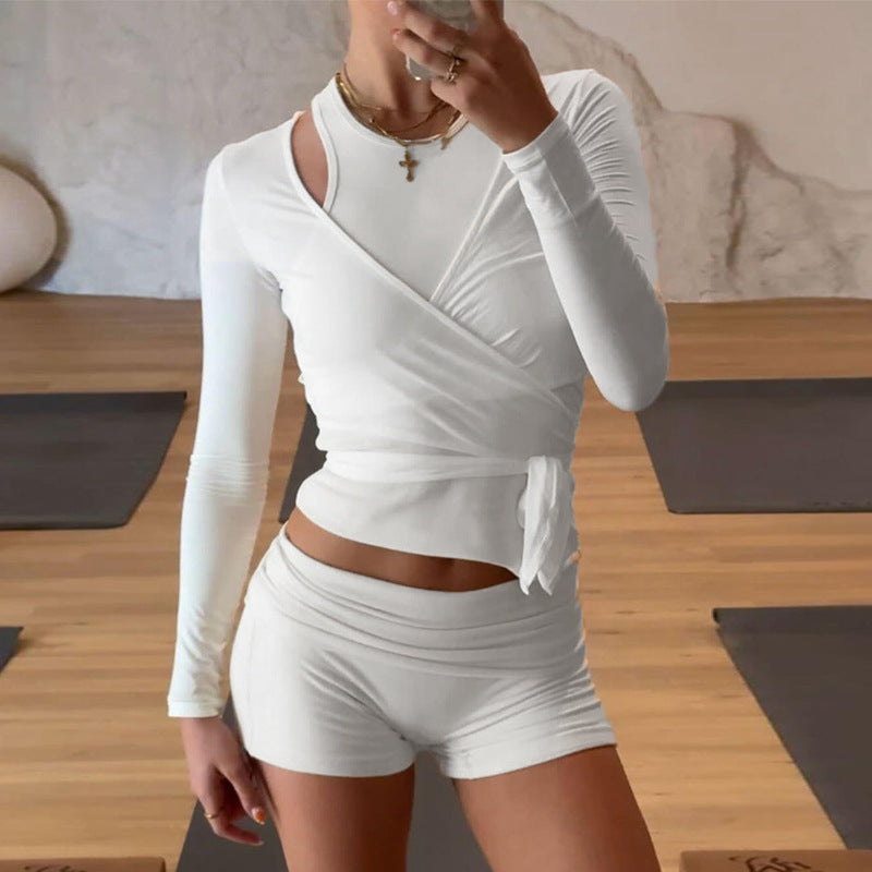 Yoga sports suit slim-fitting and thin shorts solid color knitted long-sleeved top women