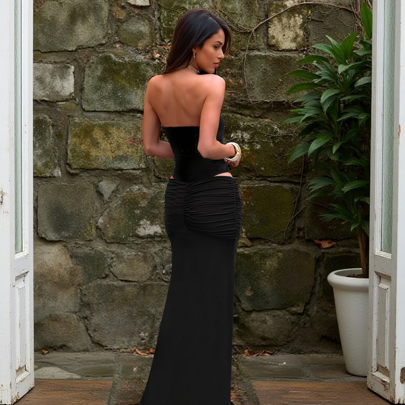 Xia's new lace-up neck empty ruffle leaf edge split tube top set