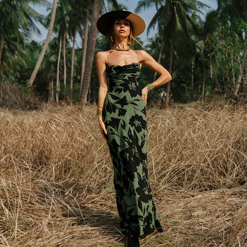 Printed sexy big halter suspender dress for women