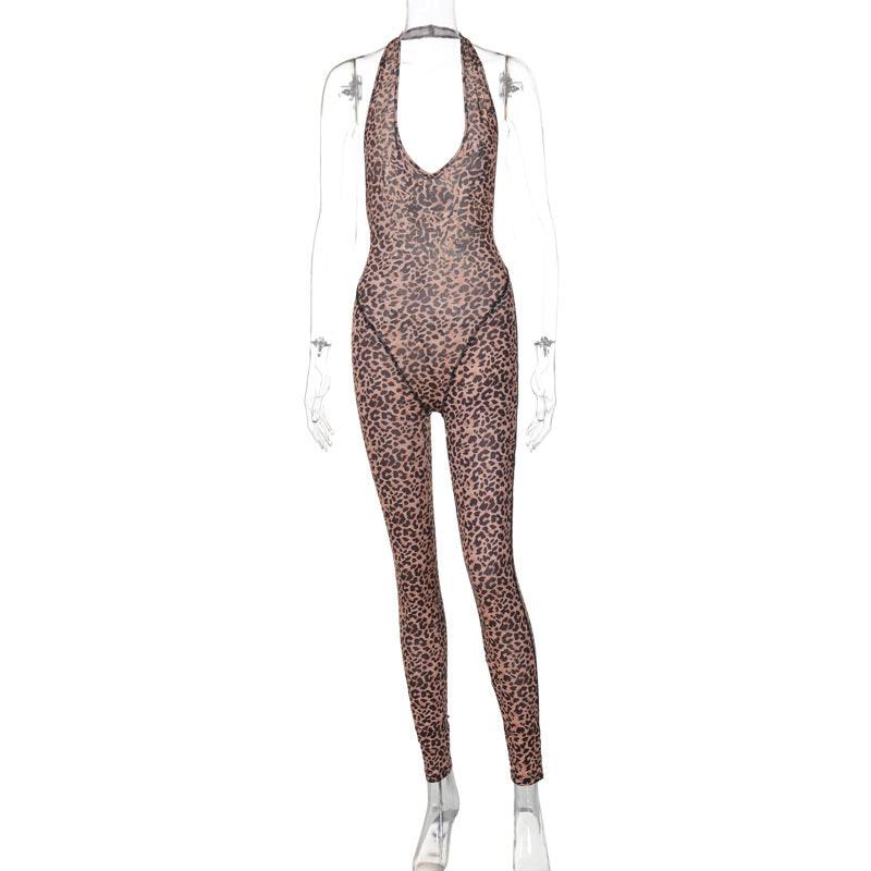 Hot-selling new leopard print sexy V-neck backless slim neck jumpsuit wholesale