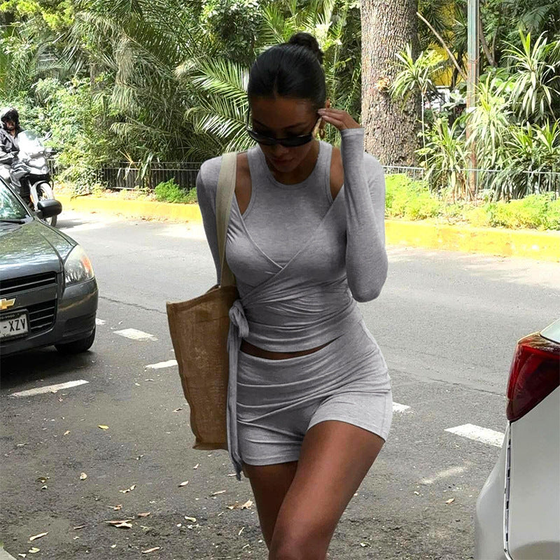Yoga sports suit slim-fitting and thin shorts solid color knitted long-sleeved top women