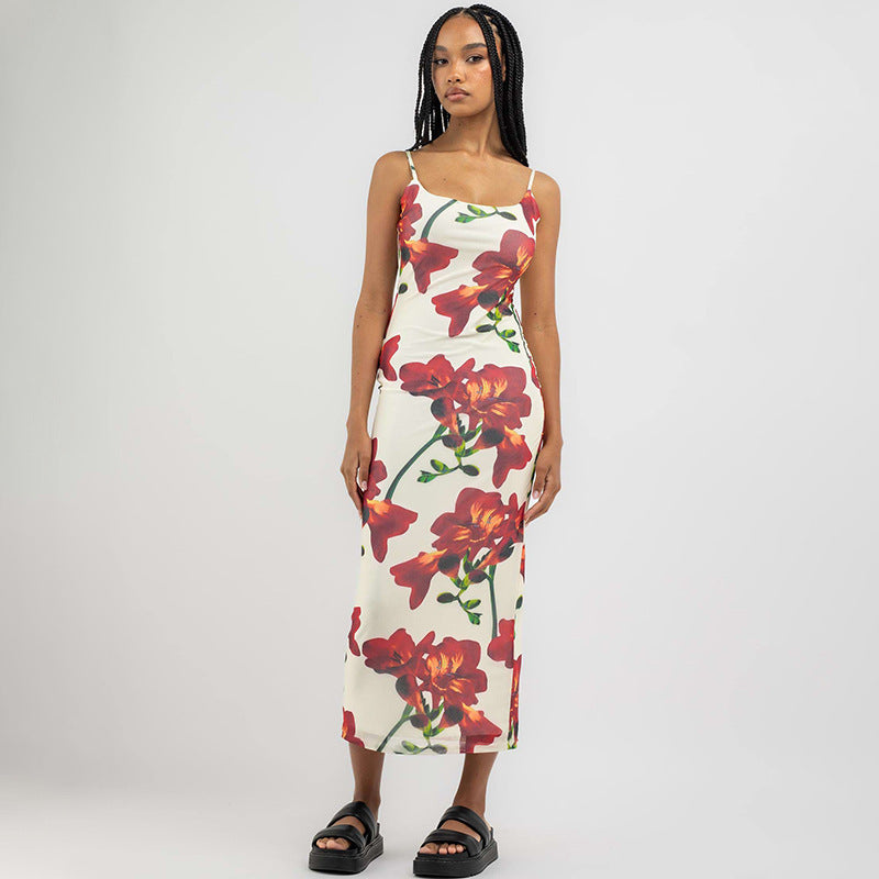Suspender print stretch slim dress