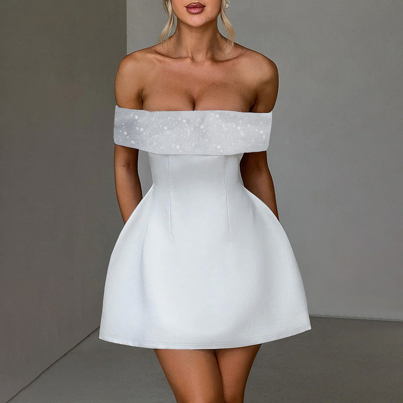 Celebrity temperament sexy slim fit splicing one-word shoulder dress dress