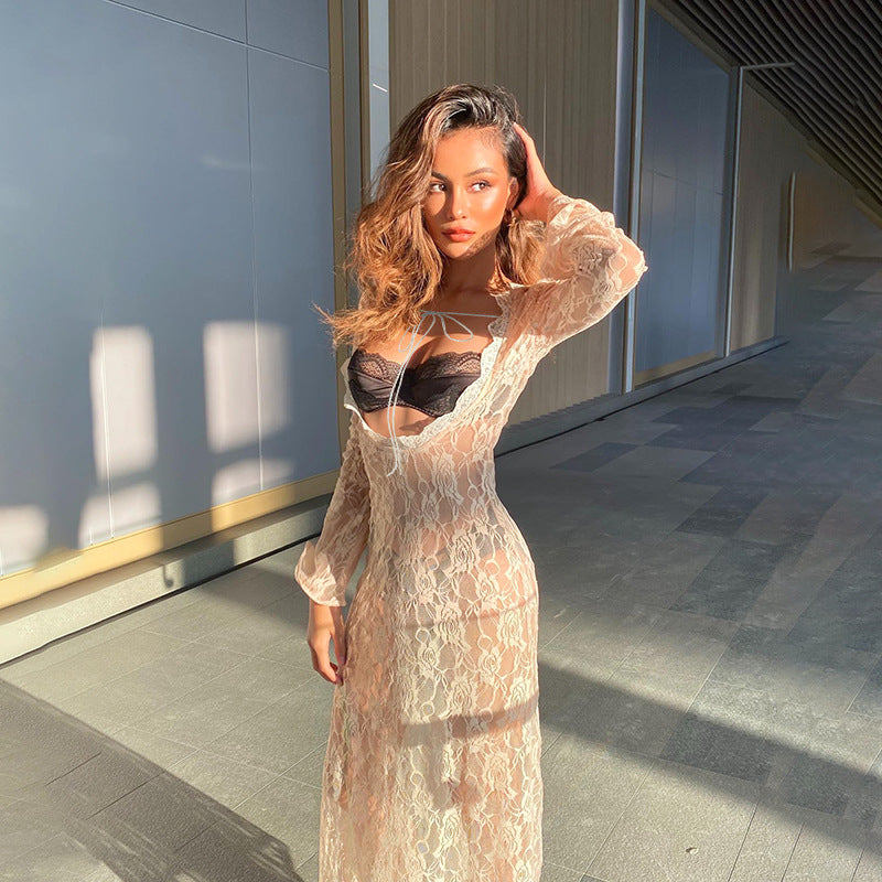 Summer new lace perspective U-neck lace decorative straps wear long-sleeved dress on both sides