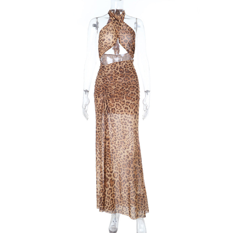 Leopard print hollow neck split printing dress vacation wind beach party dress
