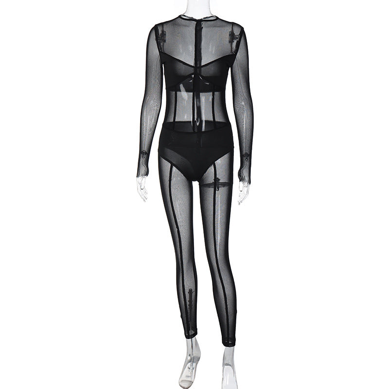 Long-sleeved mesh trousers ins new women's sexy see-through jumpsuit