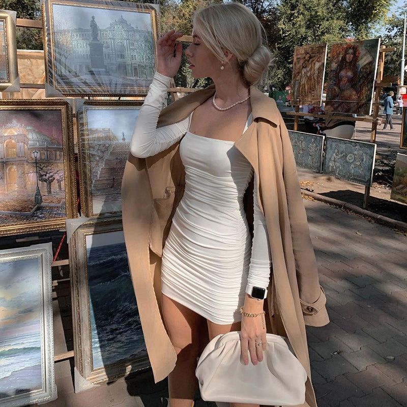 White Ruched Long - Sleeve Mini Dress: Effortless Elegance