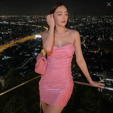 Knitted halter suspender dress fashionable and sexy short hip skirt