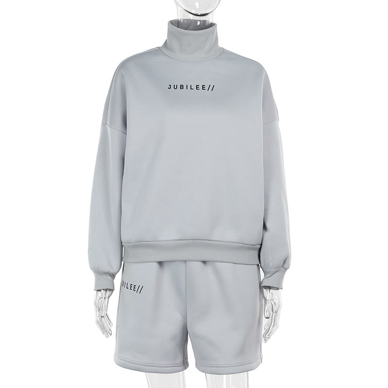 Semi-turtleneck long-sleeved letter-printed sweater high-waisted casual shorts autumn European and American fashion suit women