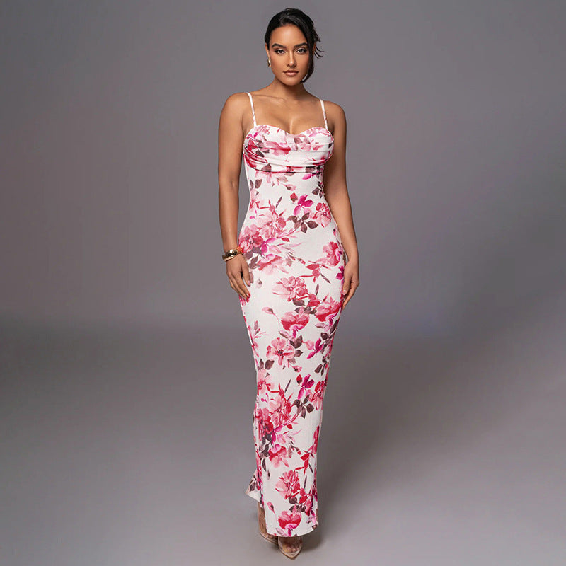 Fashion Printed Pocket Collar Suspender Dress