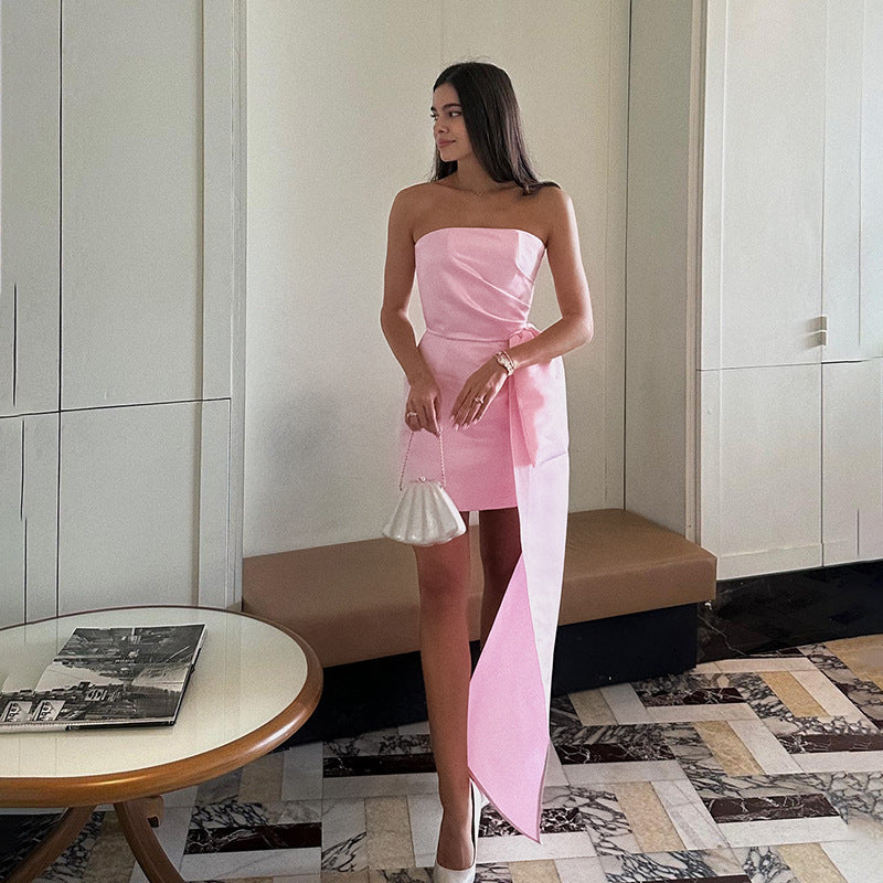 Celebrity temperament sexy slim satin streamer tube top dress women