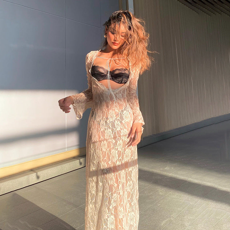 Summer new lace perspective U-neck lace decorative straps wear long-sleeved dress on both sides