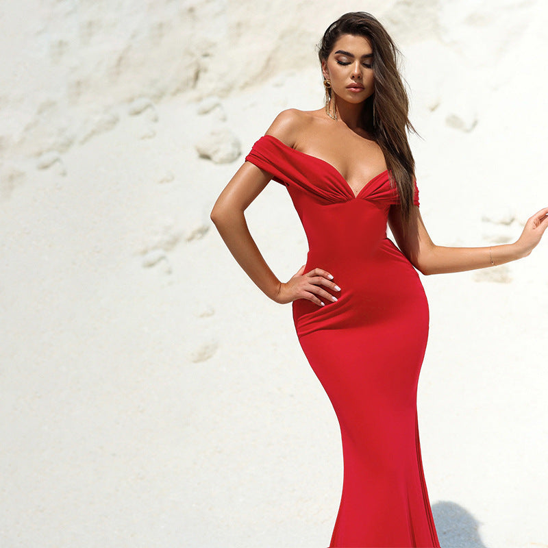 Sexy deep V-neck waist cinched mermaid dress dress