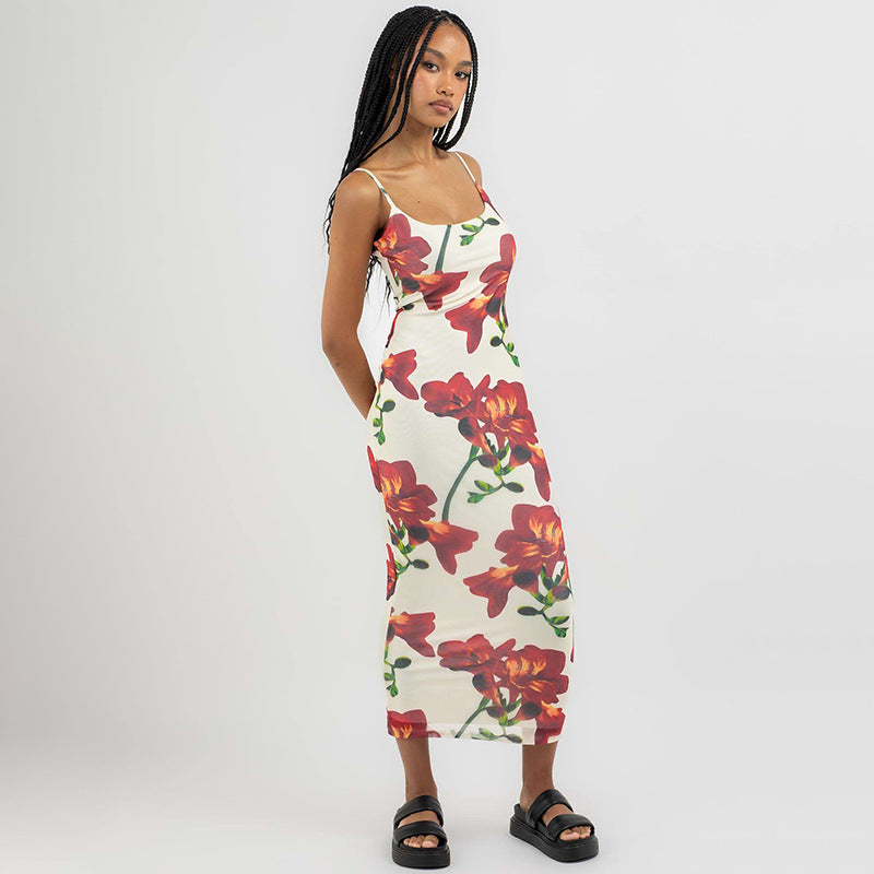 Suspender print stretch slim dress