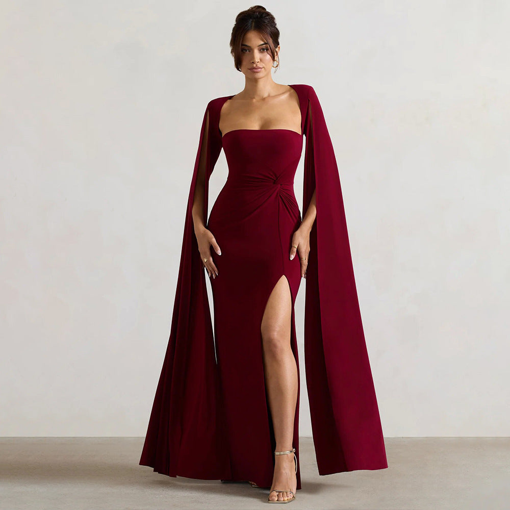 Cape - Sleeve Maxi Dress: Royal Elegance for Special Occasions