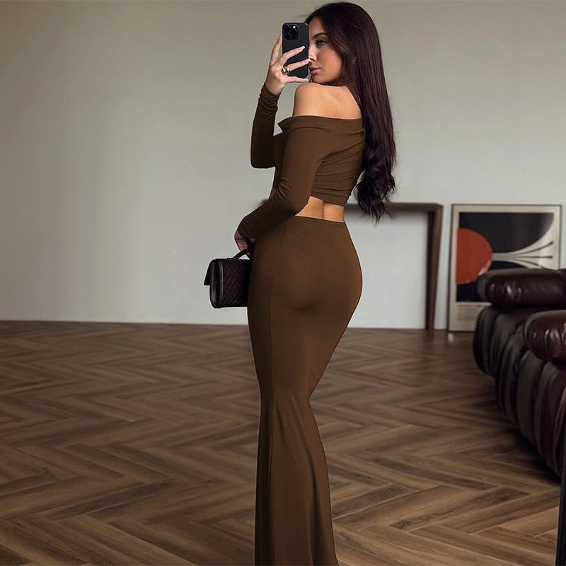 Off - Shoulder Brown Two - Piece Set: Elegant Simplicity