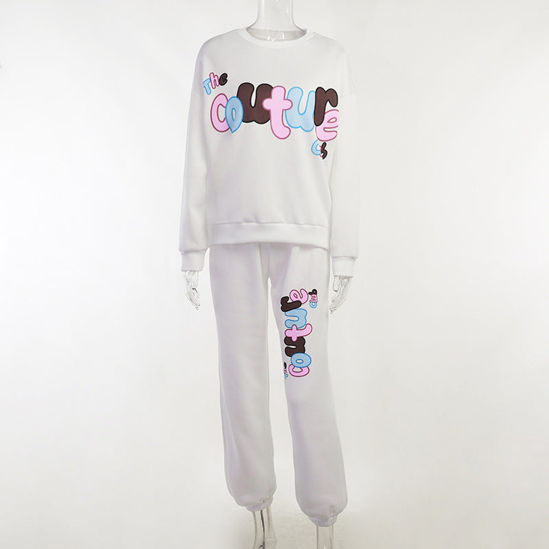 Casual Versatile Alphabet English Printed Sweater Sweatpants Suit Women