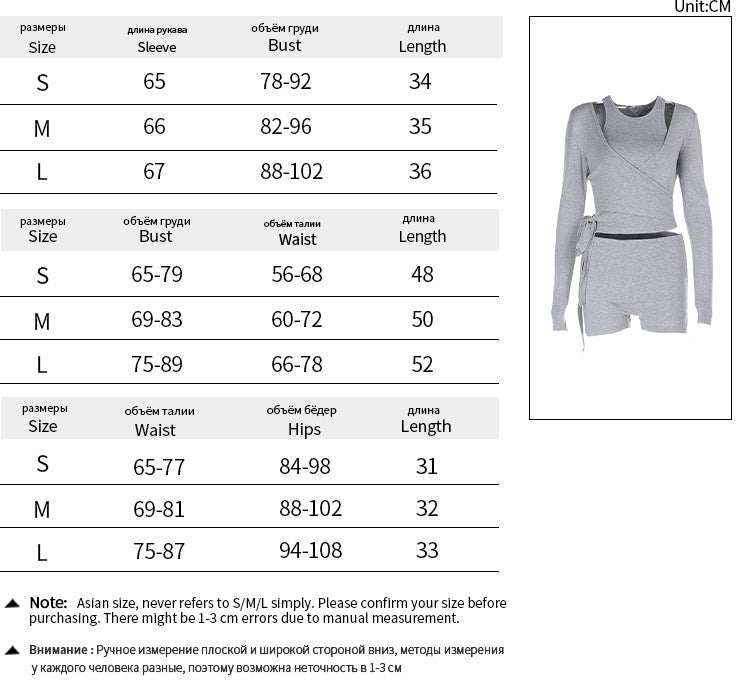 Yoga sports suit slim-fitting and thin shorts solid color knitted long-sleeved top women