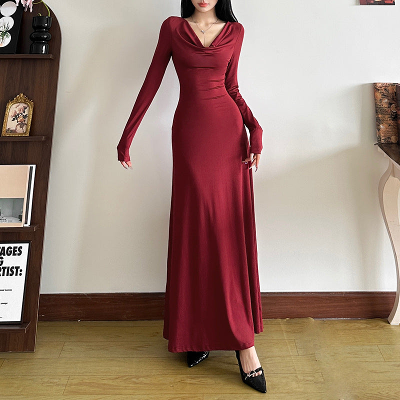 Cowl Neck Long - Sleeve Maxi Dress: Timeless Elegance