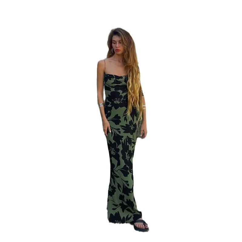 Printed sexy big halter suspender dress for women