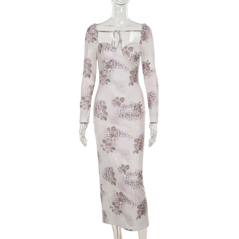 Fresh air temperament slim fit chest print long sleeve dress women