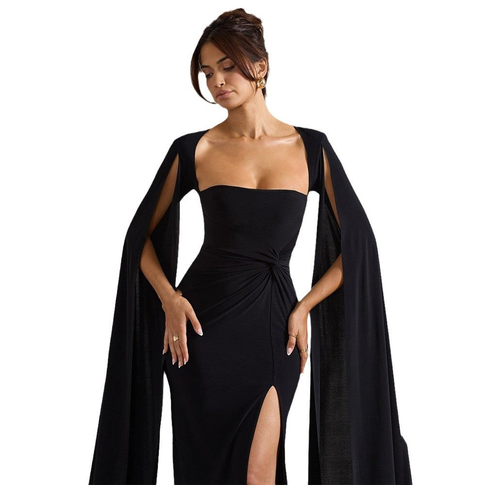 Cape - Sleeve Maxi Dress: Royal Elegance for Special Occasions