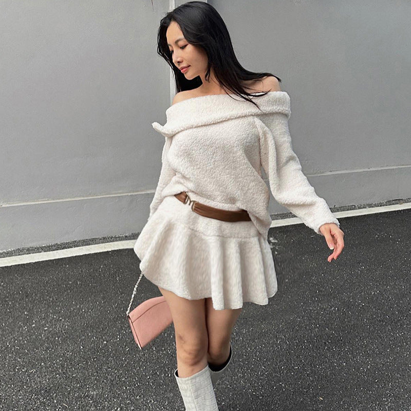 New pure desire wind one-word shoulder waist dress women ins street trendy hot girl short skirt