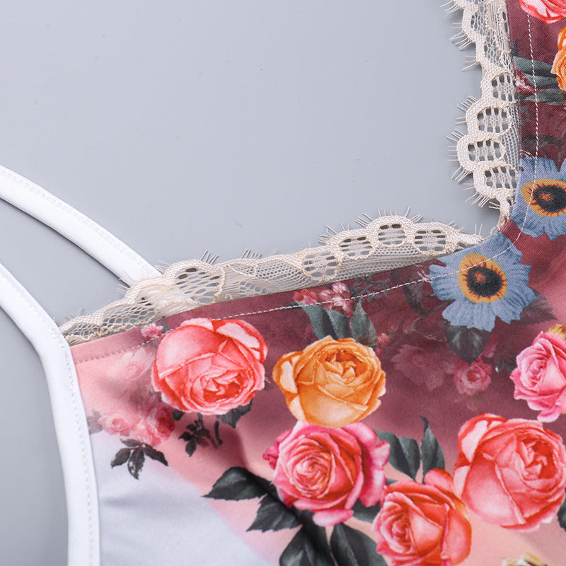 European and American style personalized printing lace lace suspender dress
