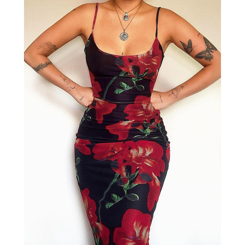 Suspender print stretch slim dress