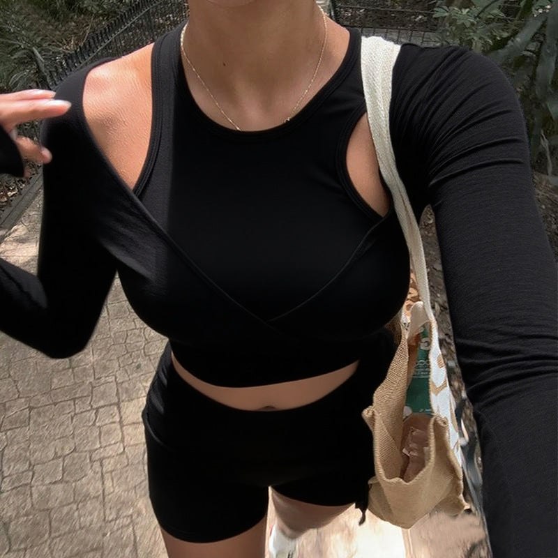 Yoga sports suit slim-fitting and thin shorts solid color knitted long-sleeved top women
