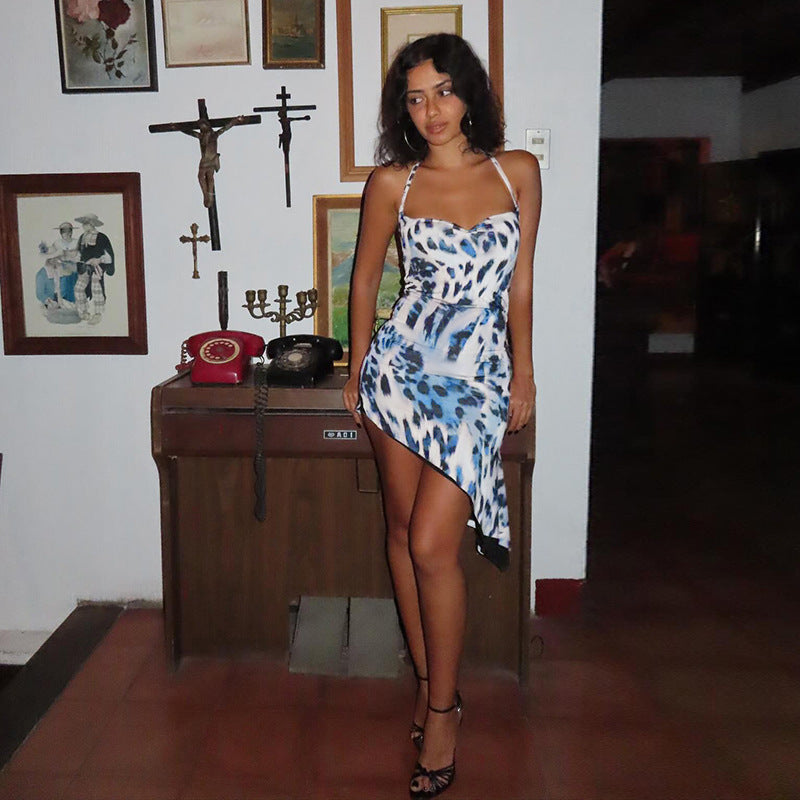 Spice girl sexy irregular leopard print neck dress woman