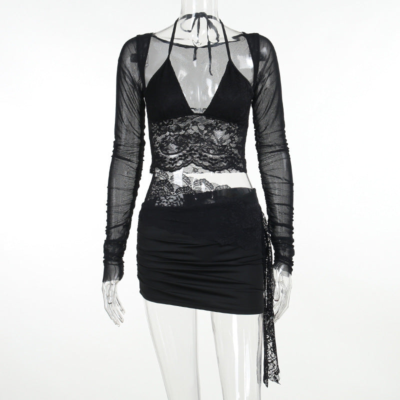 Fashion temperament Sexy deep V slim lace stitching mesh long-sleeved dress women