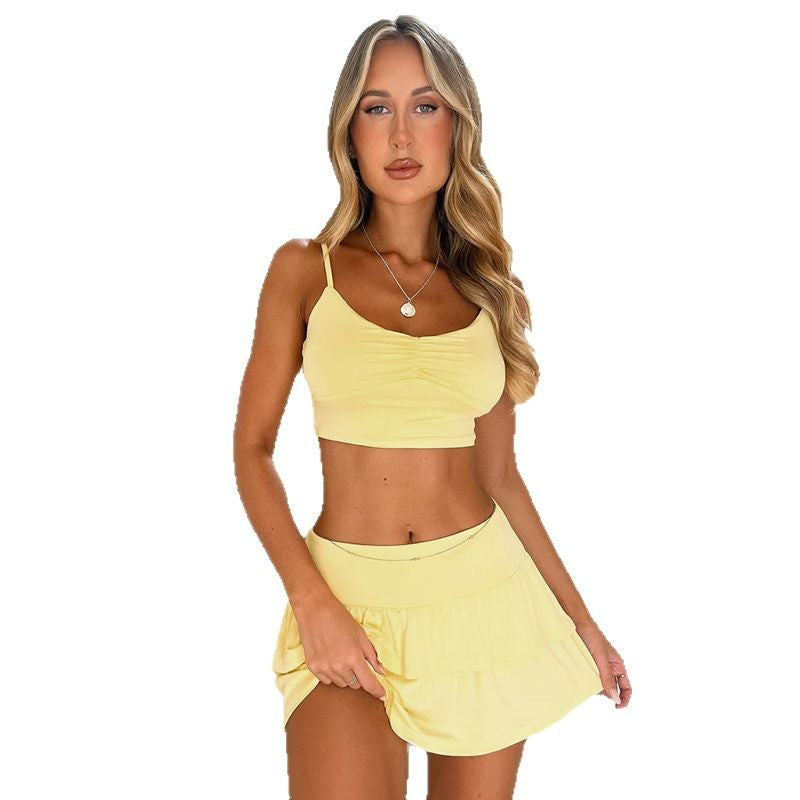 Suspender sexy backless short top high waist pleated short skirt Spice girl European and American summer new suit