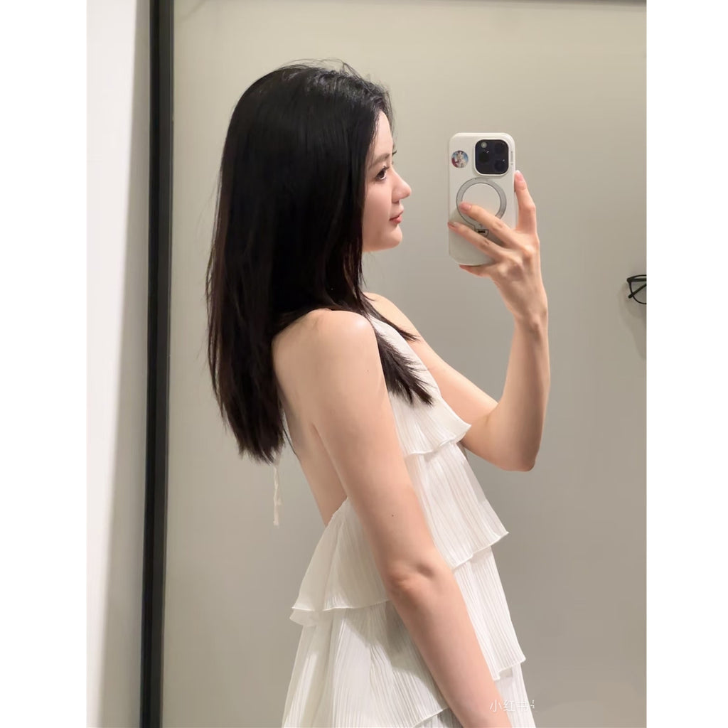 Sweet layered holiday style short dress with stand collar - kavyachic
