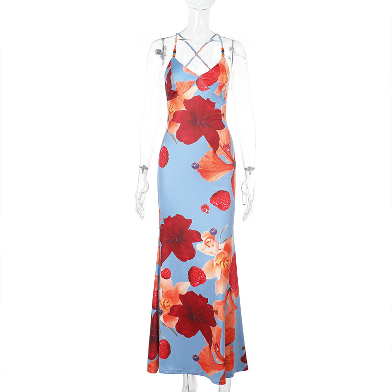 Suspender sexy backless print dress women