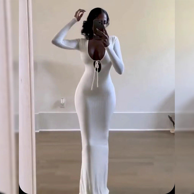 Plunging Neckline Long - Sleeve Maxi Dress: Bold Elegance