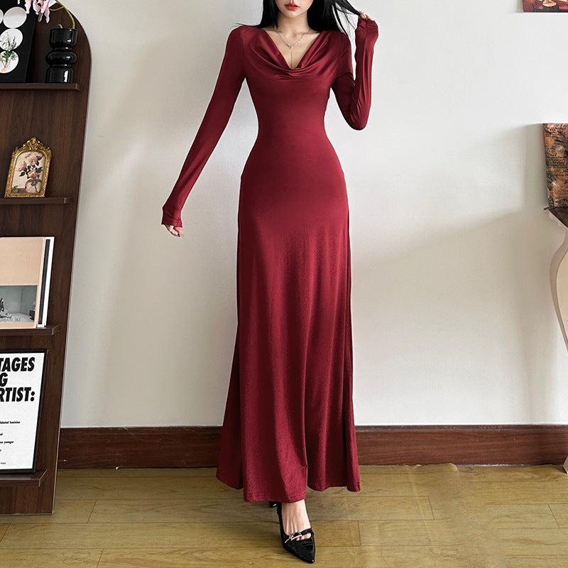 Cowl Neck Long - Sleeve Maxi Dress: Timeless Elegance