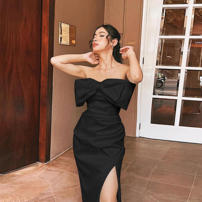 Celebrity temperament sexy three-dimensional bow tube top split dress long dress