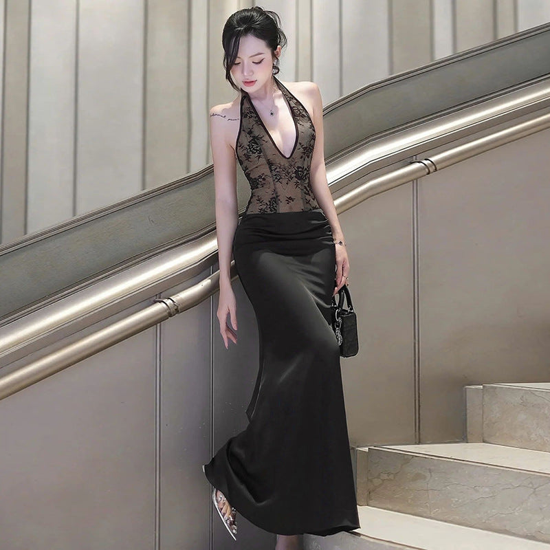 European and American temperament slim and sexy v-neck lace splicing dress