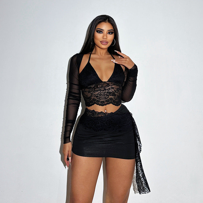 Fashion temperament Sexy deep V slim lace stitching mesh long-sleeved dress women